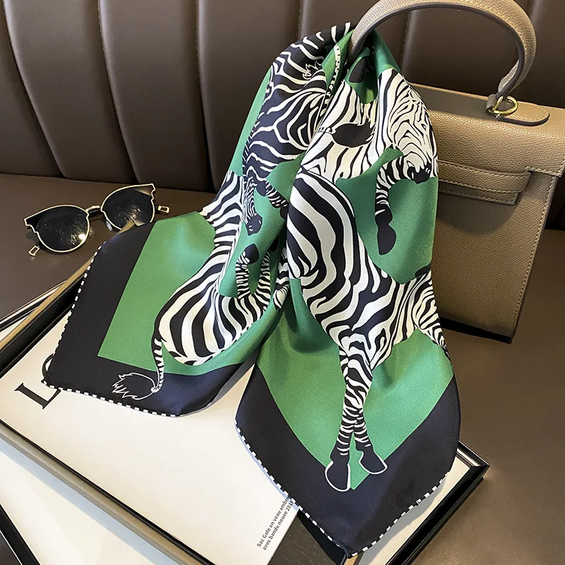 New Korean Green Zebra Pattern 70 Square Twill Mulberry Silk Scarf Women's All-Matching Western Style Business Wear