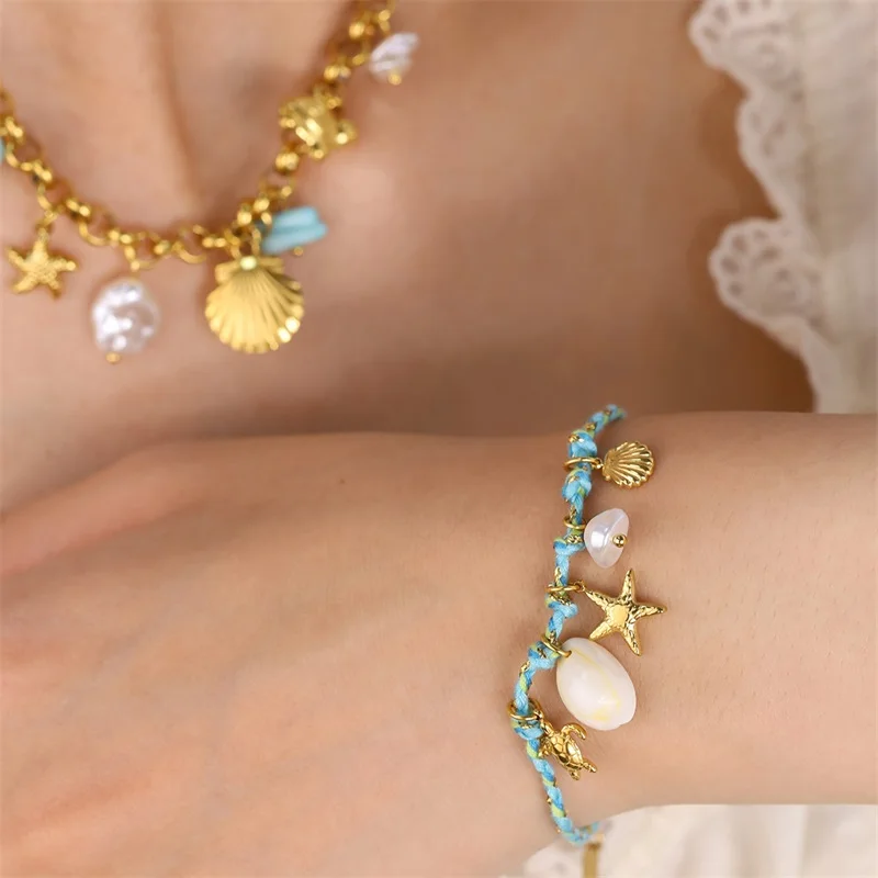 EILIECK Ocean Series Edelstahl Seestern Muschel Anhänger Halskette Armband Set Exklusive Kordelkette Schmuck für Damen – Detail 10