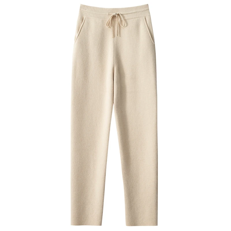 Pantalones gruesos de punto de Cachemira para mujer, pantalón suave y cómodo de cintura alta, Color liso, otoño e invierno, 2023, novedad de 100%