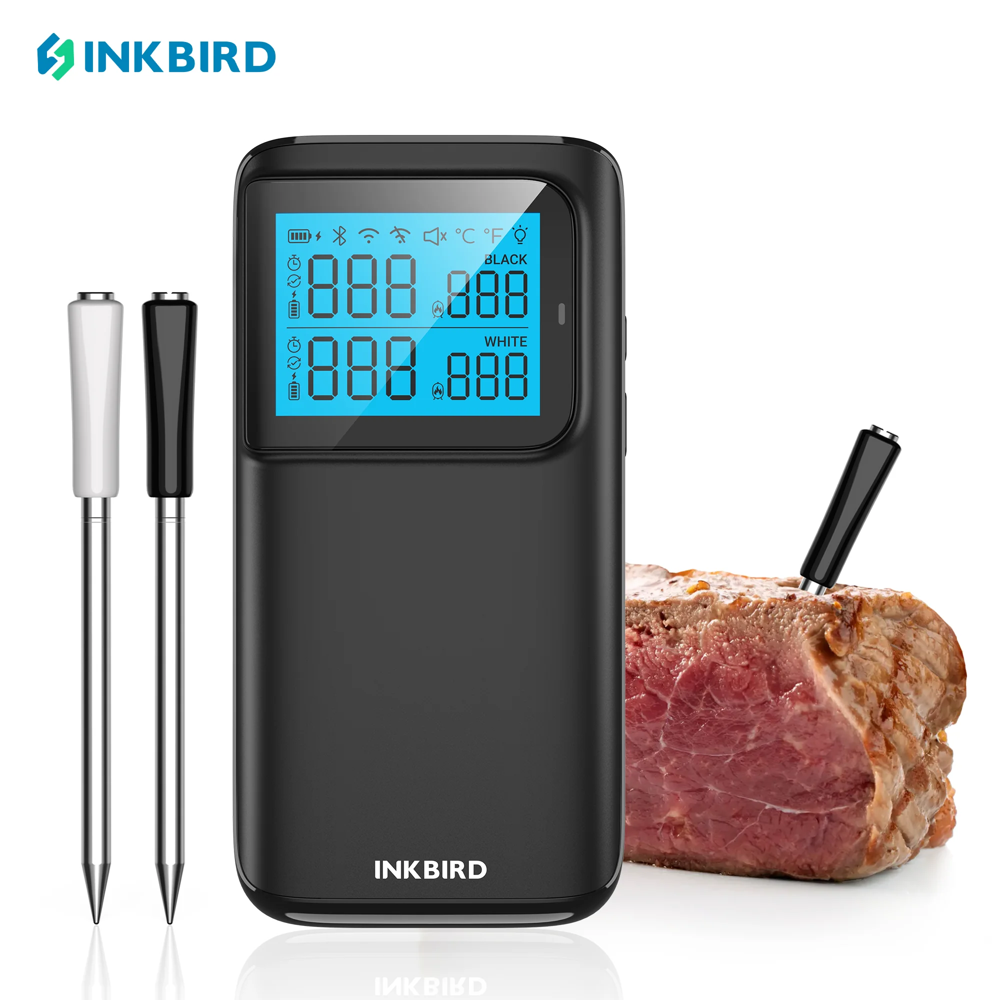 INKBIRD INT-12E-BW Wireless Meat Thermometer, WiFi 5G&Bluetooth 5.4, 5 Sensors, 25H Battery, IP67, CNAS Certified for Grill/Oven