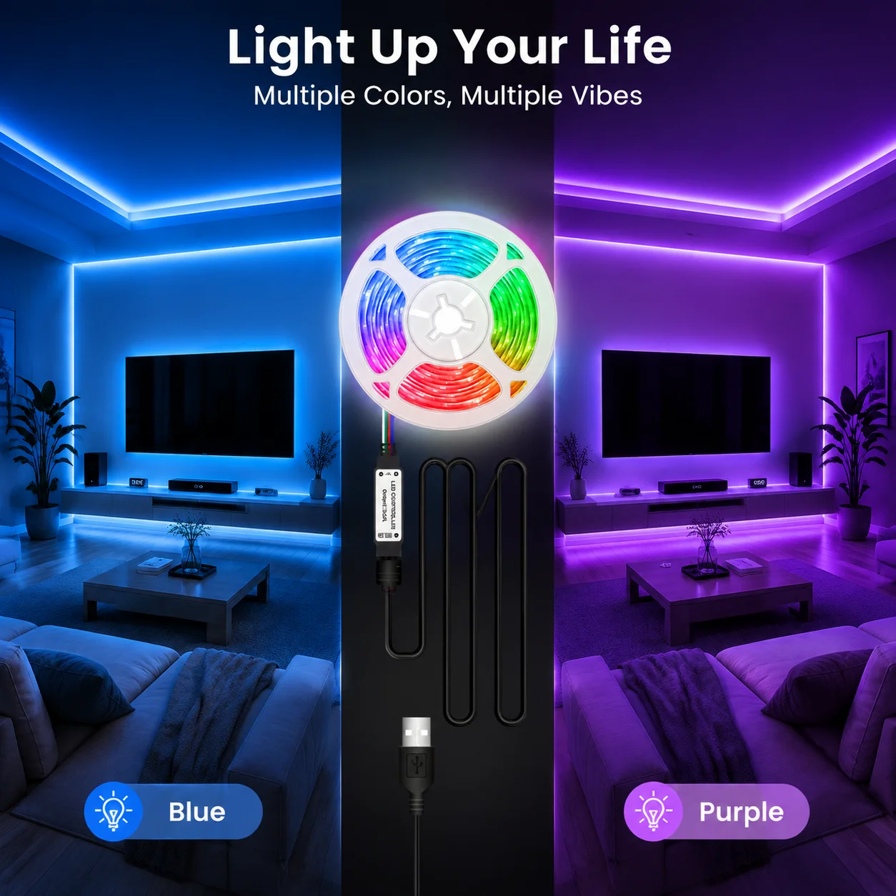 Up to 30 meters of RGB light strip, for room decoration. USB powered. 44-key remote control. Party and holiday decorations.