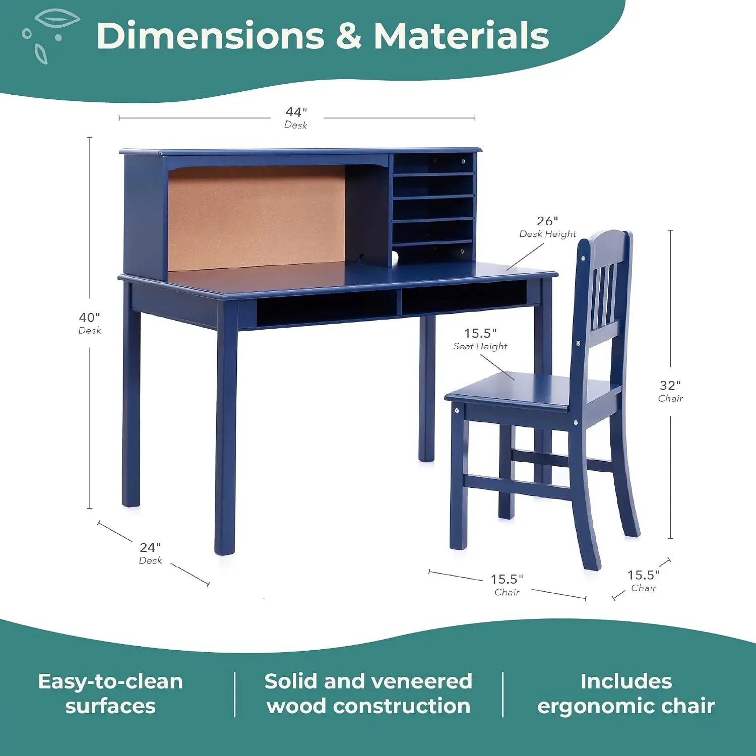 Kids Media Desk and Chair Set - Navy: Student's Workstation with Storage, Wooden Writing Table with Hutch and Shelves for Kids B