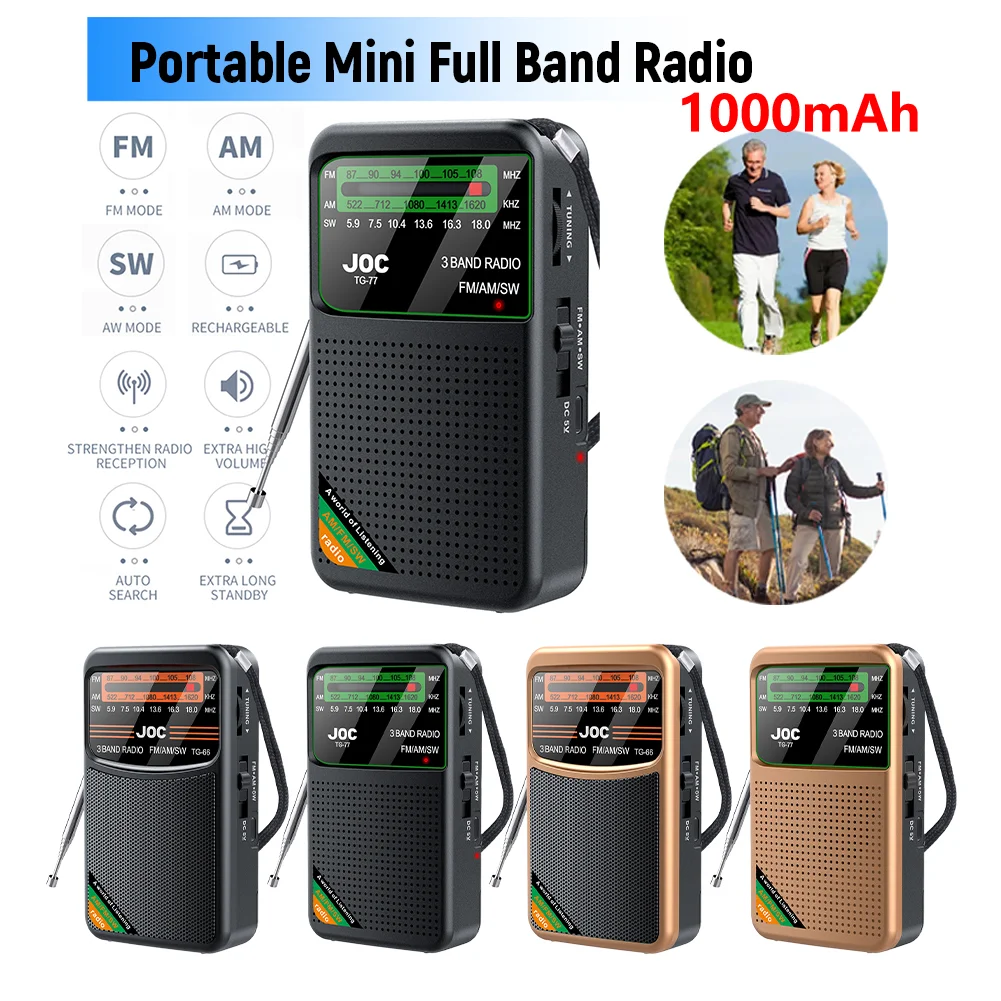 Mini banda completa de emergência bolso rádio fm am sw rádio embutido alto-falante transistor rádio 1000mah tipo-c recarregável rádio player