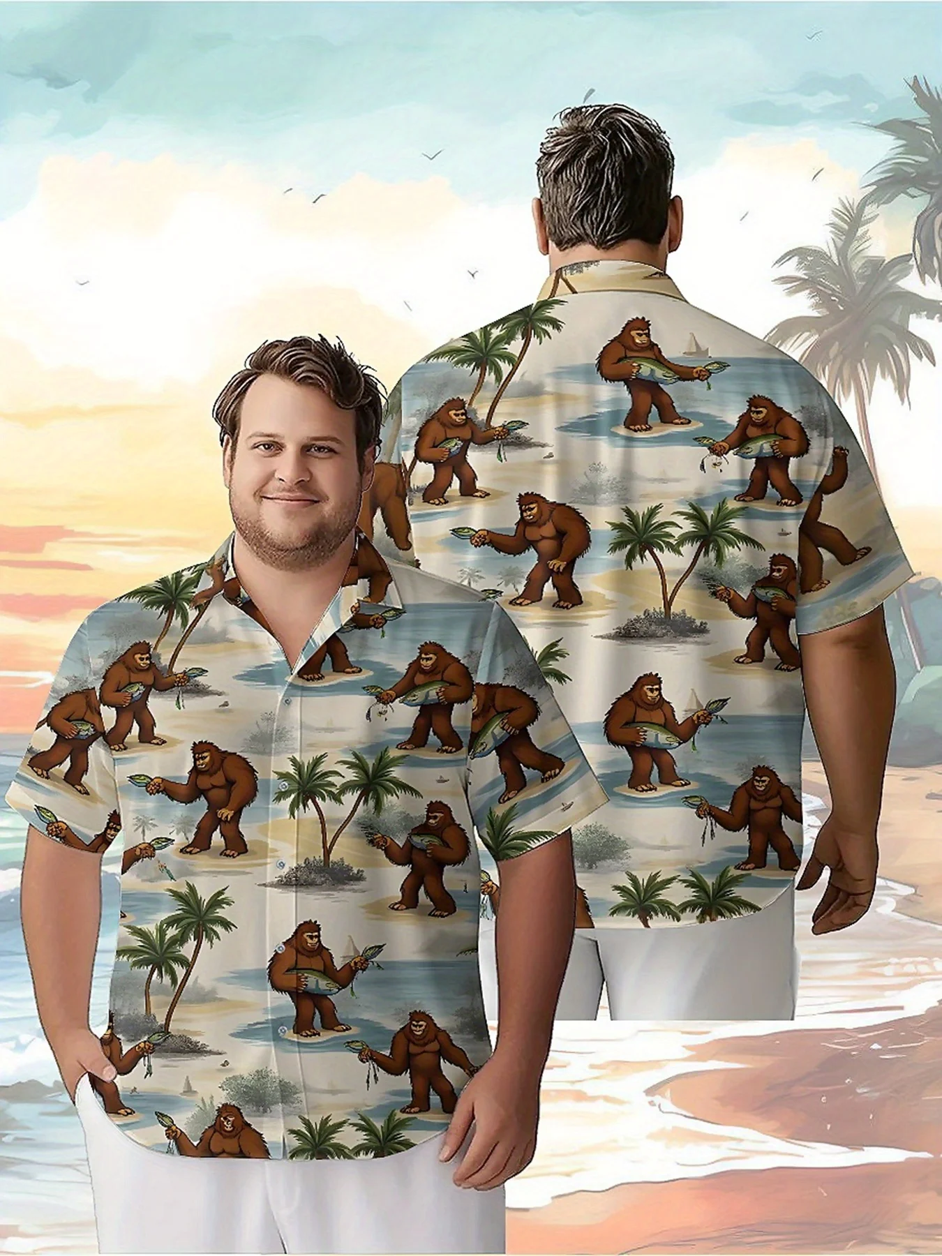 

Men's Plus Size Hawaiian Shirts Sasquatch Surfing and Palm Trees pattern, Fashionable Aloha Shirt, Summer Casual Top,clothes