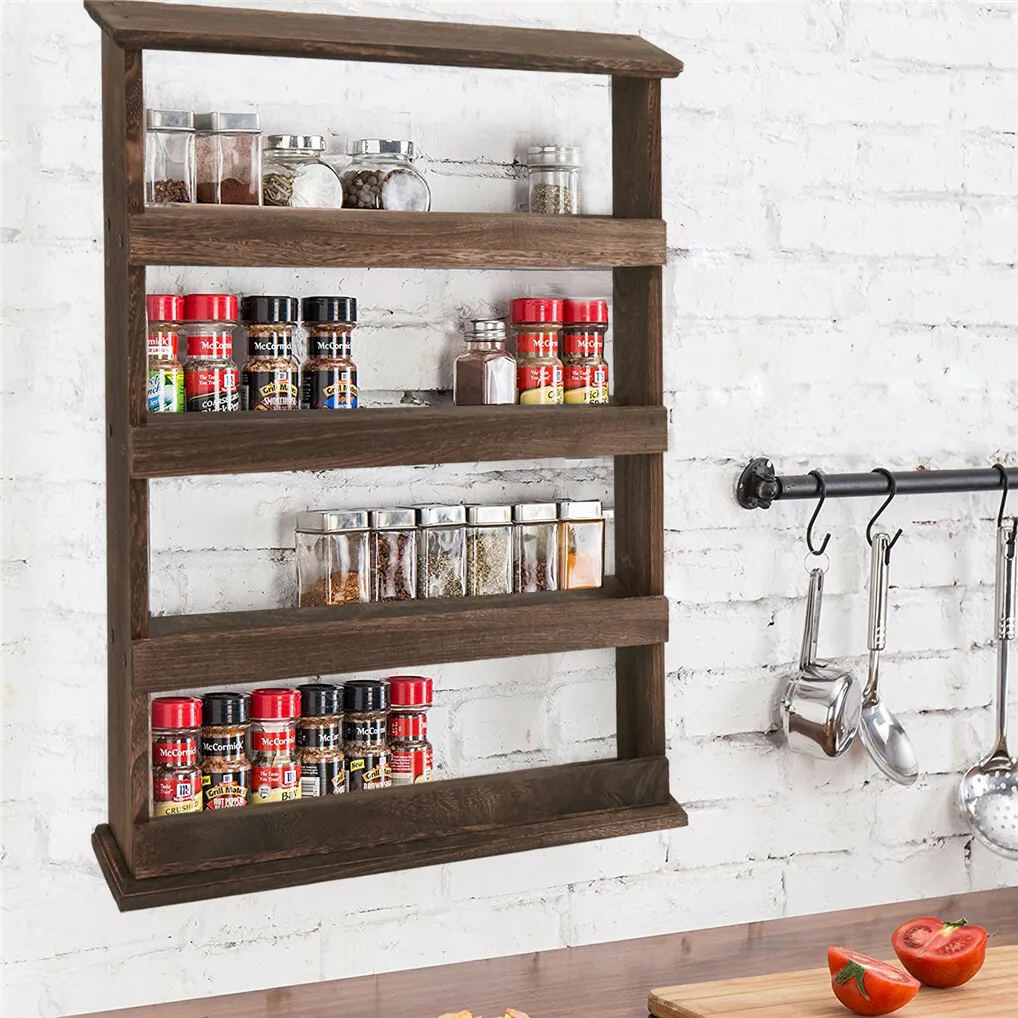 

Rustic Torch Wood Wall Mounted 4 Tier Spice Rack Organizer for Kitchen Storage and Seasoning Holder with Hanging Shelf Decor