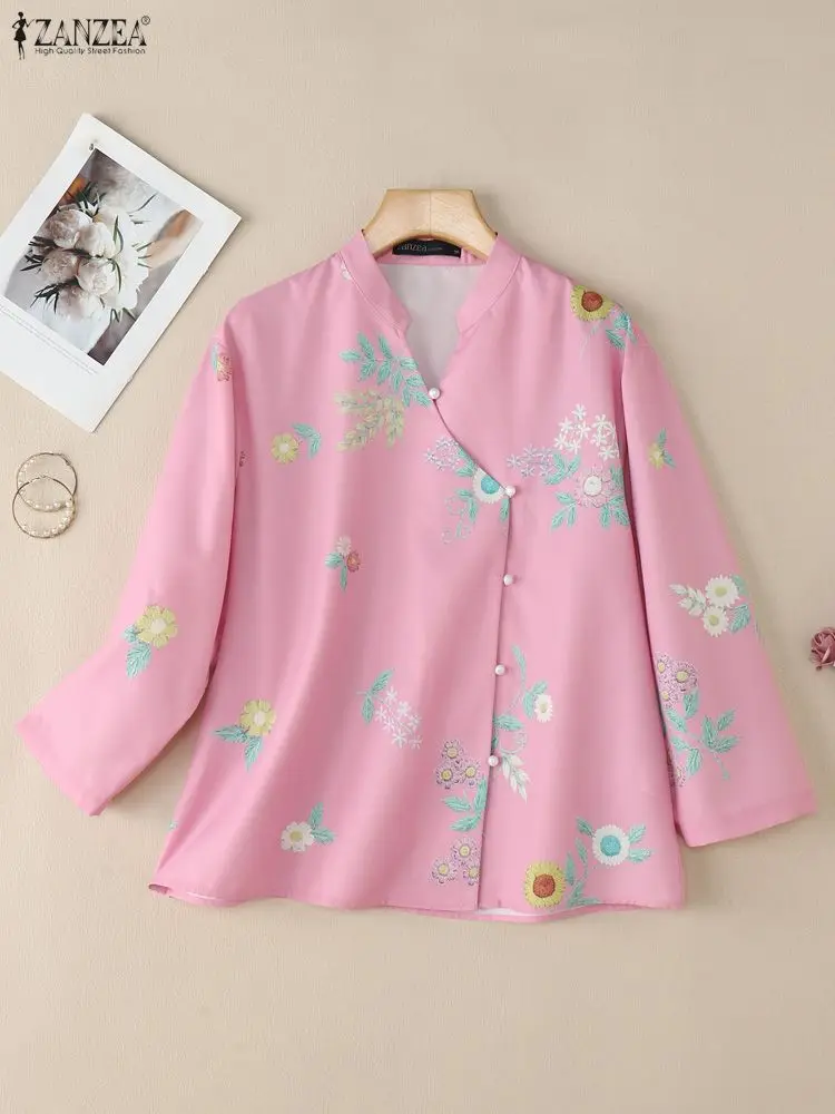 ZANZEA Autumn Blouse Women Casual V Neck Long Sleeve Tops Vintage Printed Shirts Floral Blusas Retro Buttons Down Shirt Oversize