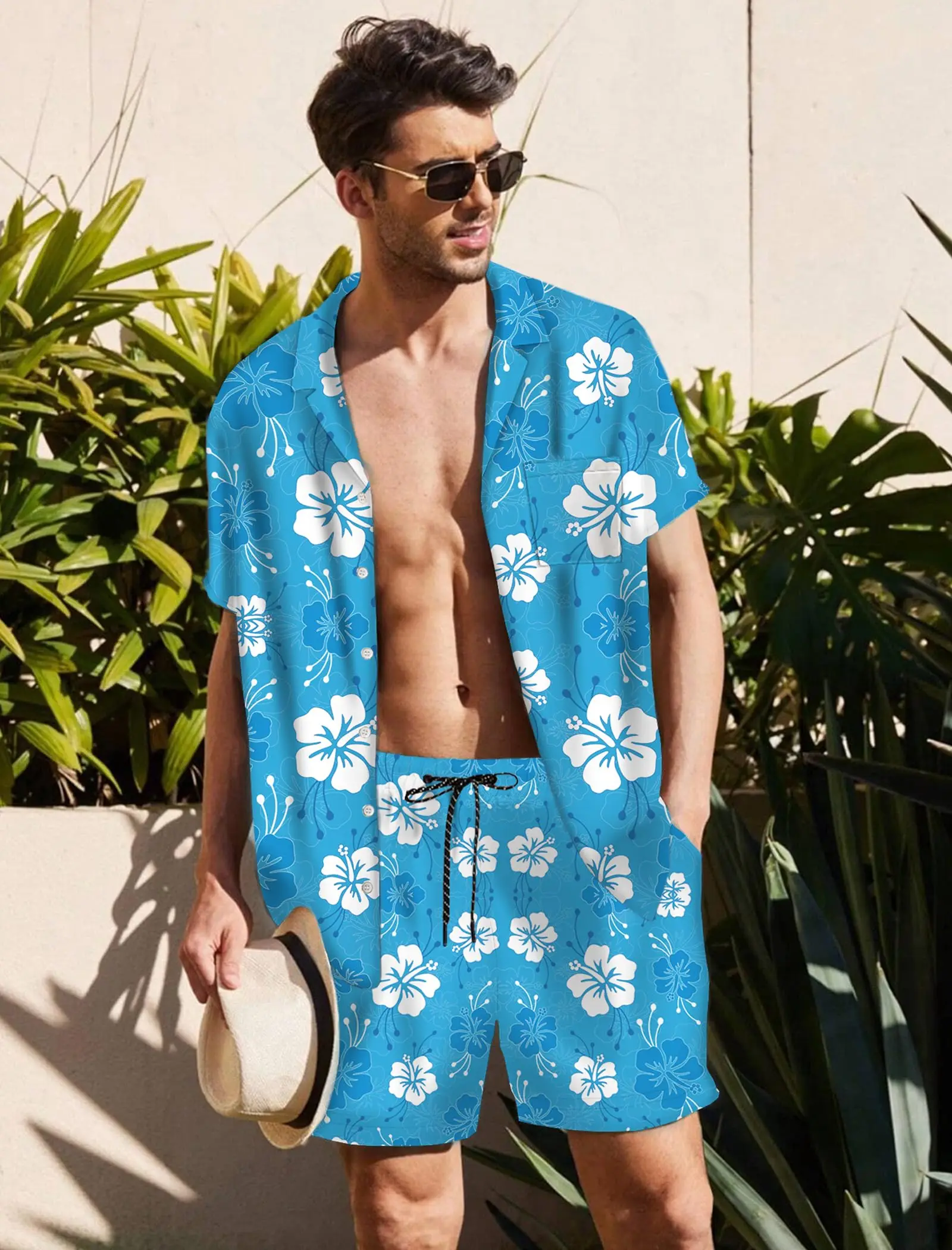 طقم قميص هاواي رجالي من KYKU - قمصان صيفية بأكمام قصيرة وأزرار سفلية للشاطئ للعطلات الاستوائية مكونة من قطعتين