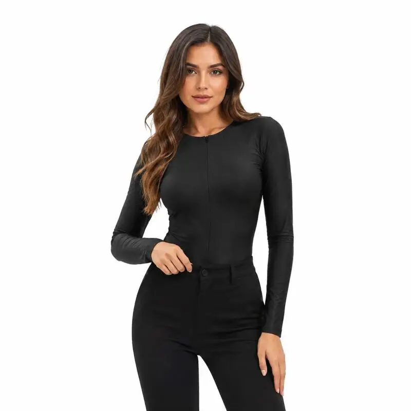 Women Long Sleeve Bodysuit Hidden Zipper Front Solid Slim Fit Stretch Basic Body Top for Ladies Daily Wear Streetwear Jumpsuit