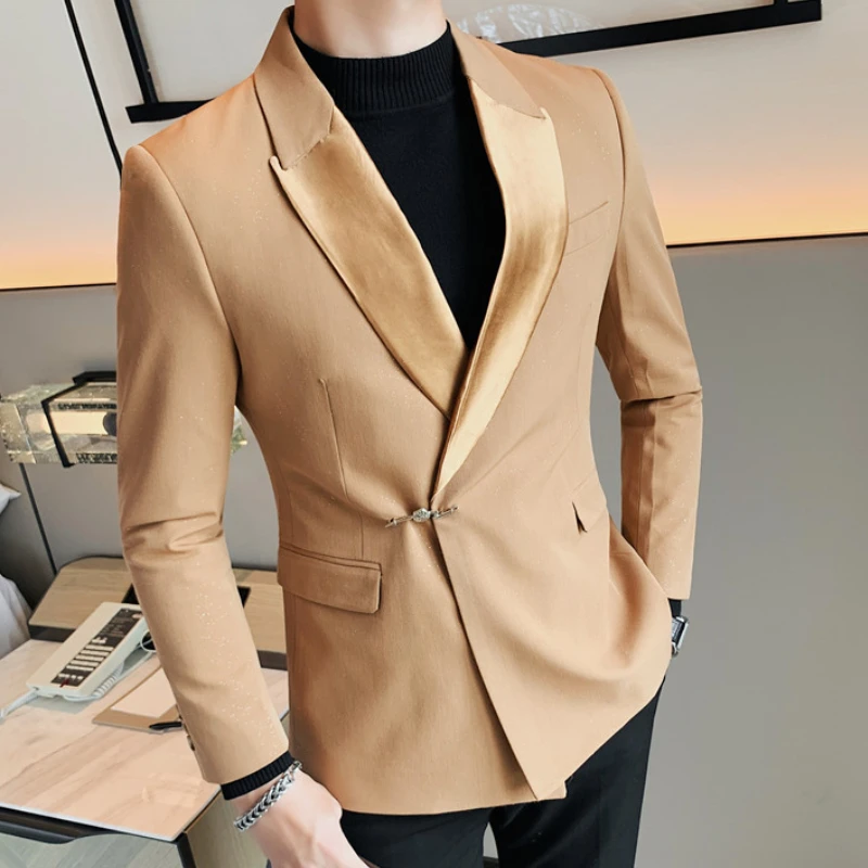 

Chinese Style Buckle Blazer Jacket Men High Quality Lapel for Business Social Blazer Casual Wedding Banquet Party dress Coat