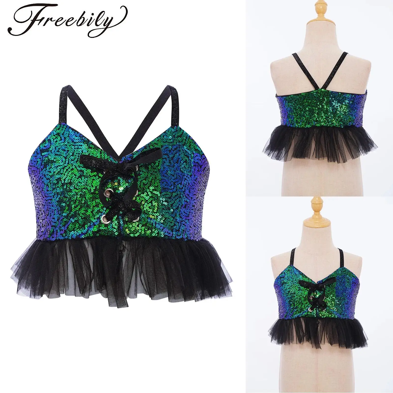 

Girls Shiny Sequin Dance Crop Top Glitter Ruffle Tulle Camisole Spaghetti Straps Tank Top for Hip-hop Jazz Performance Dancewear
