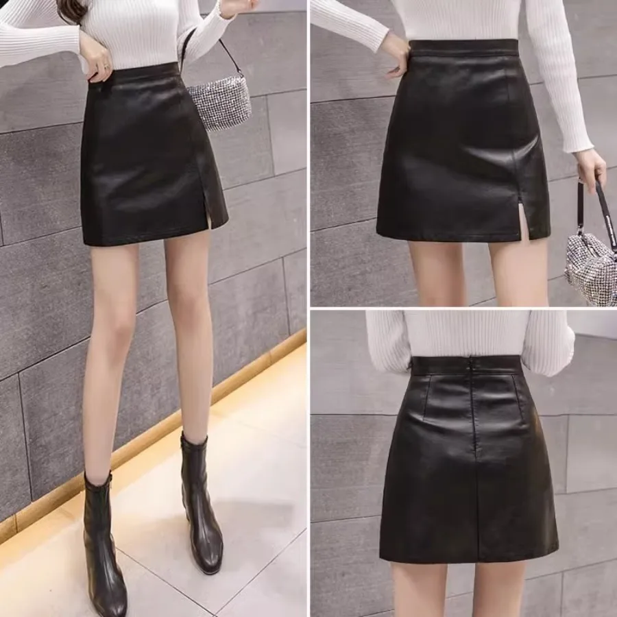 

【HOT】Autumn and winter new pu leather bust skirt high waist fashionable short skirt a-shaped split small slimming packaging jea