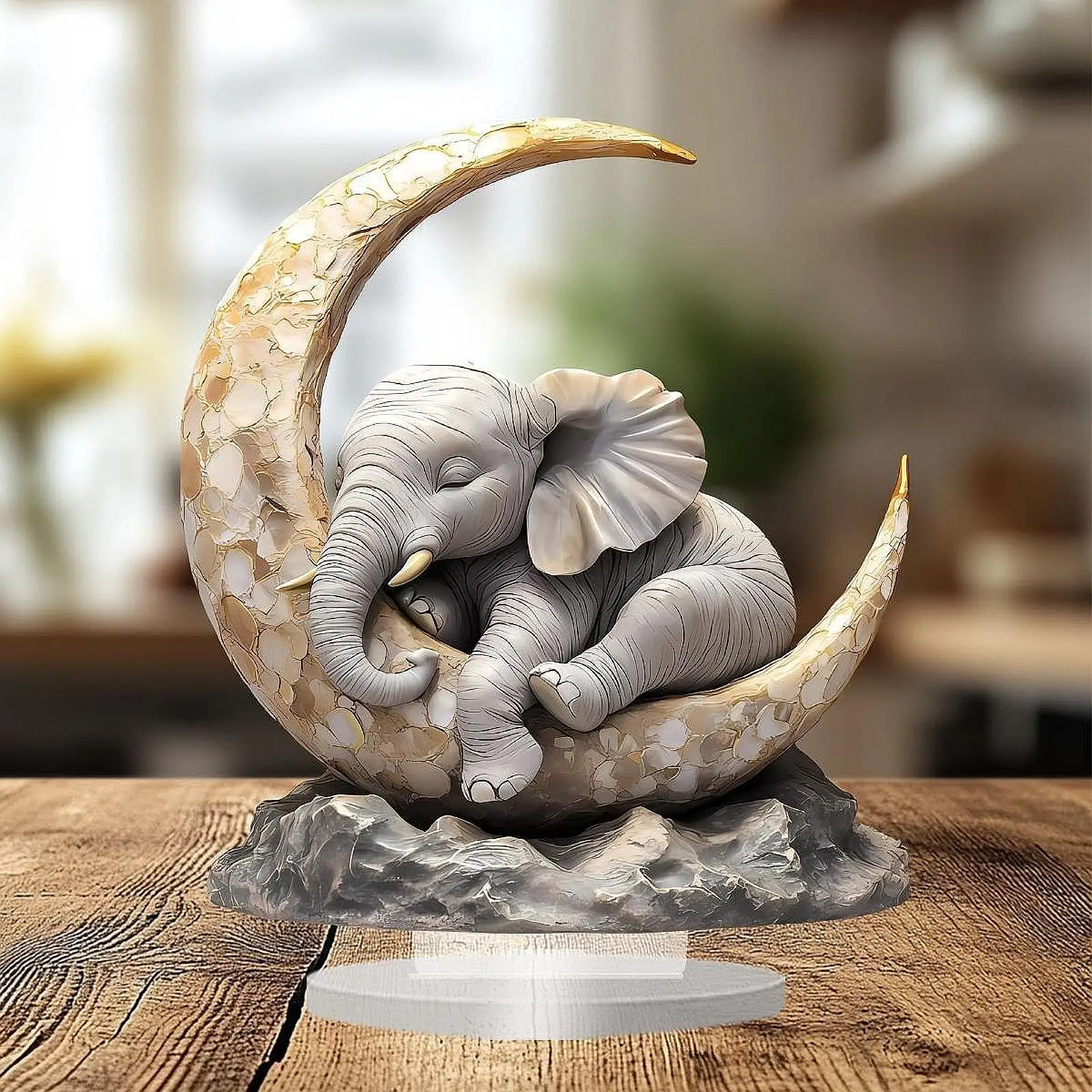 Elephant Sleeping on The Moon Art Present Acrylic Tabletop Ornament Craft for TV Stand Decorating Bathroom Centerpiece Fireplace