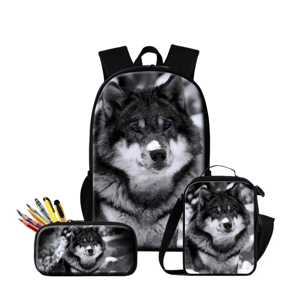 

3PCS Set Wolf Printing Lightweight Schoolbags For Boys Multifunctional Backpack With Penbox Lunch Bag For School Custom Bookbag