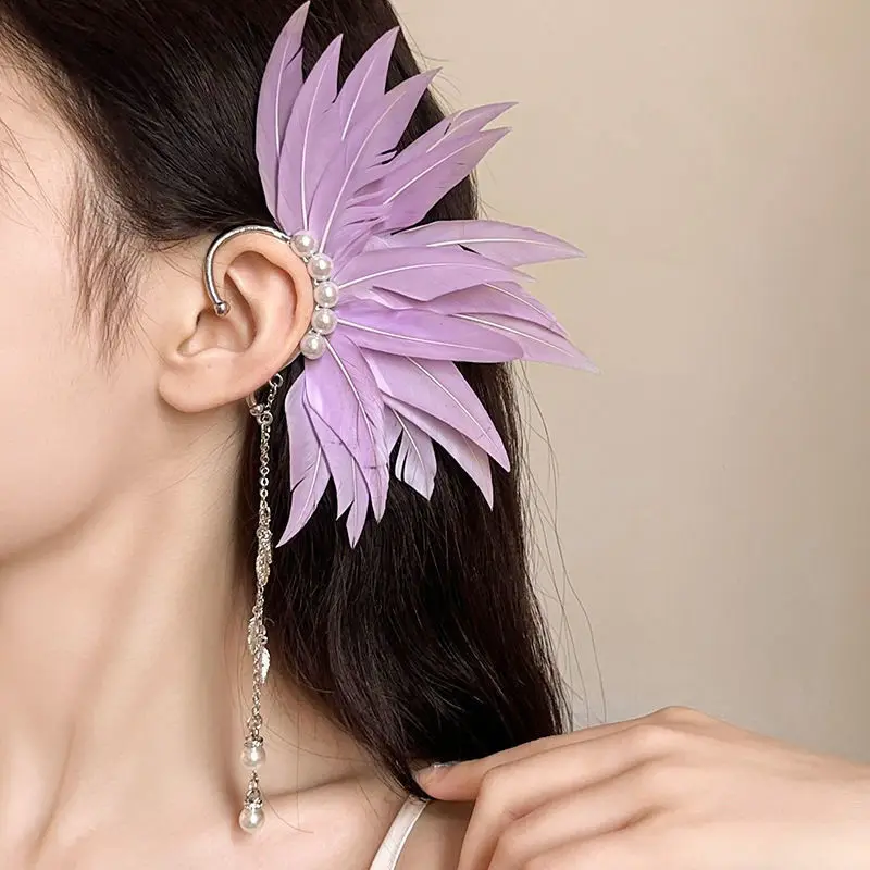 보라색 슈퍼 요정 날개 프린지 귀 교수형 깃털 여성 분위기 사진 소품 귀걸이 모자 고급 기질 기질