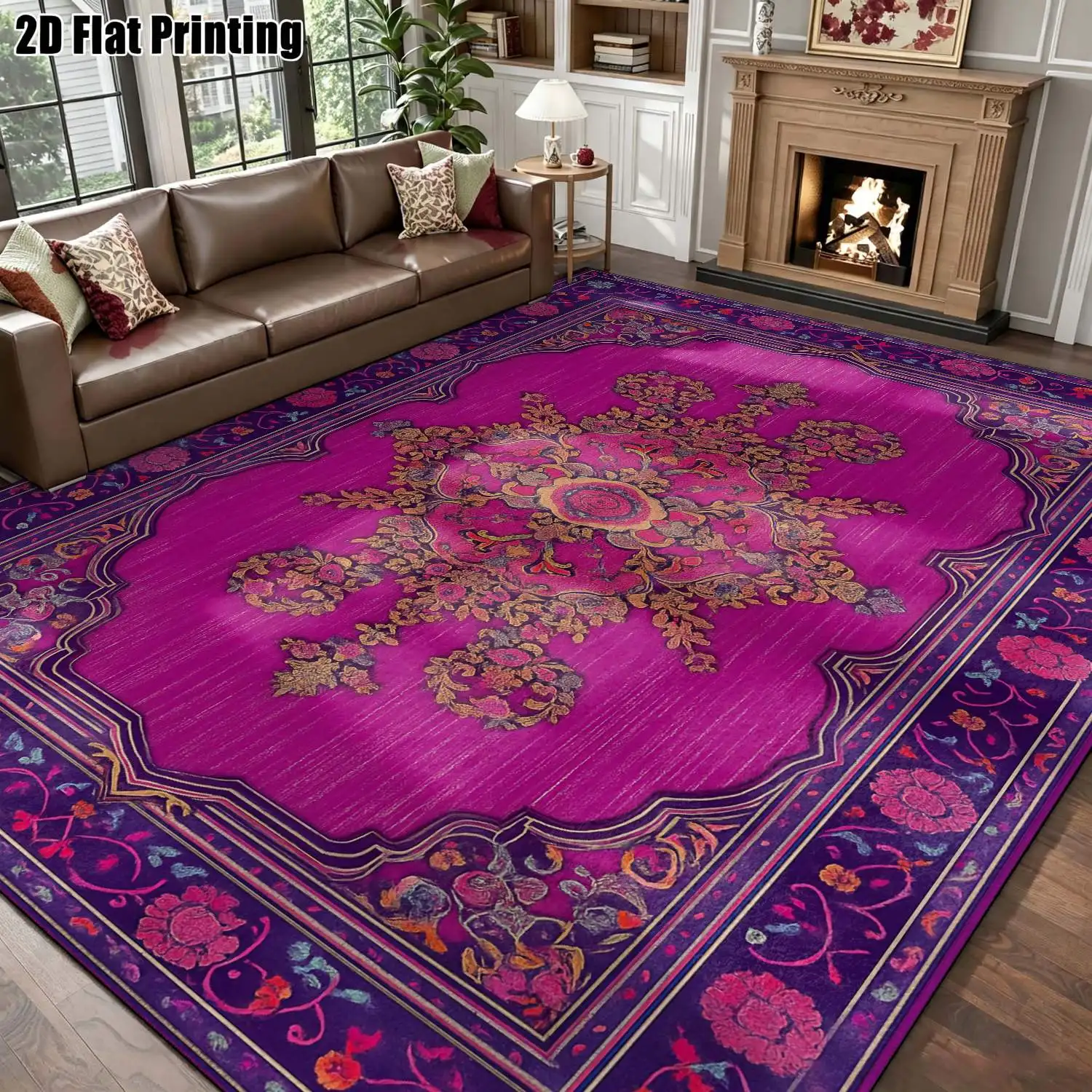 1Pc 2D Printed Magenta Floral Carpet: European Retro, Bohemian, Geometric Floral Styles, Home Decor Rug, Multi-Size, Machine Washable, Suitable for Entrance, Dining Room, Foyer, Living Room, Bedroom