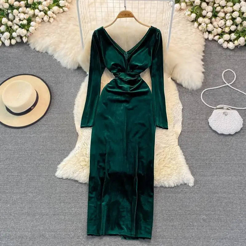 Autumn Winter Green/Black Velvet Long Dress Women Sexy V-Neck High Waist Bodycon Party Vestido Female Slim Maxi Robe New Fashion