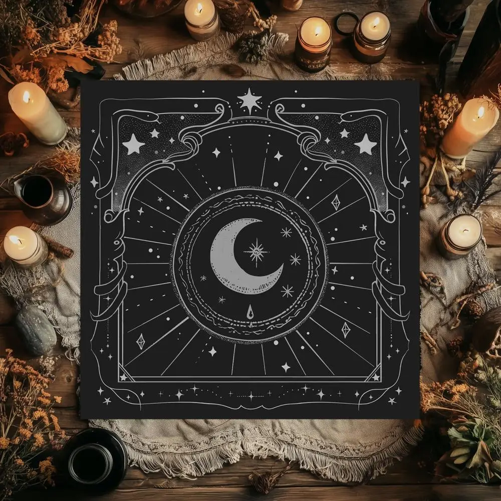 Mystical Crescent Moon Star Tarot Tablecloth, Witchy Celestial Altar Cloth for Divination Meditation Home Decor