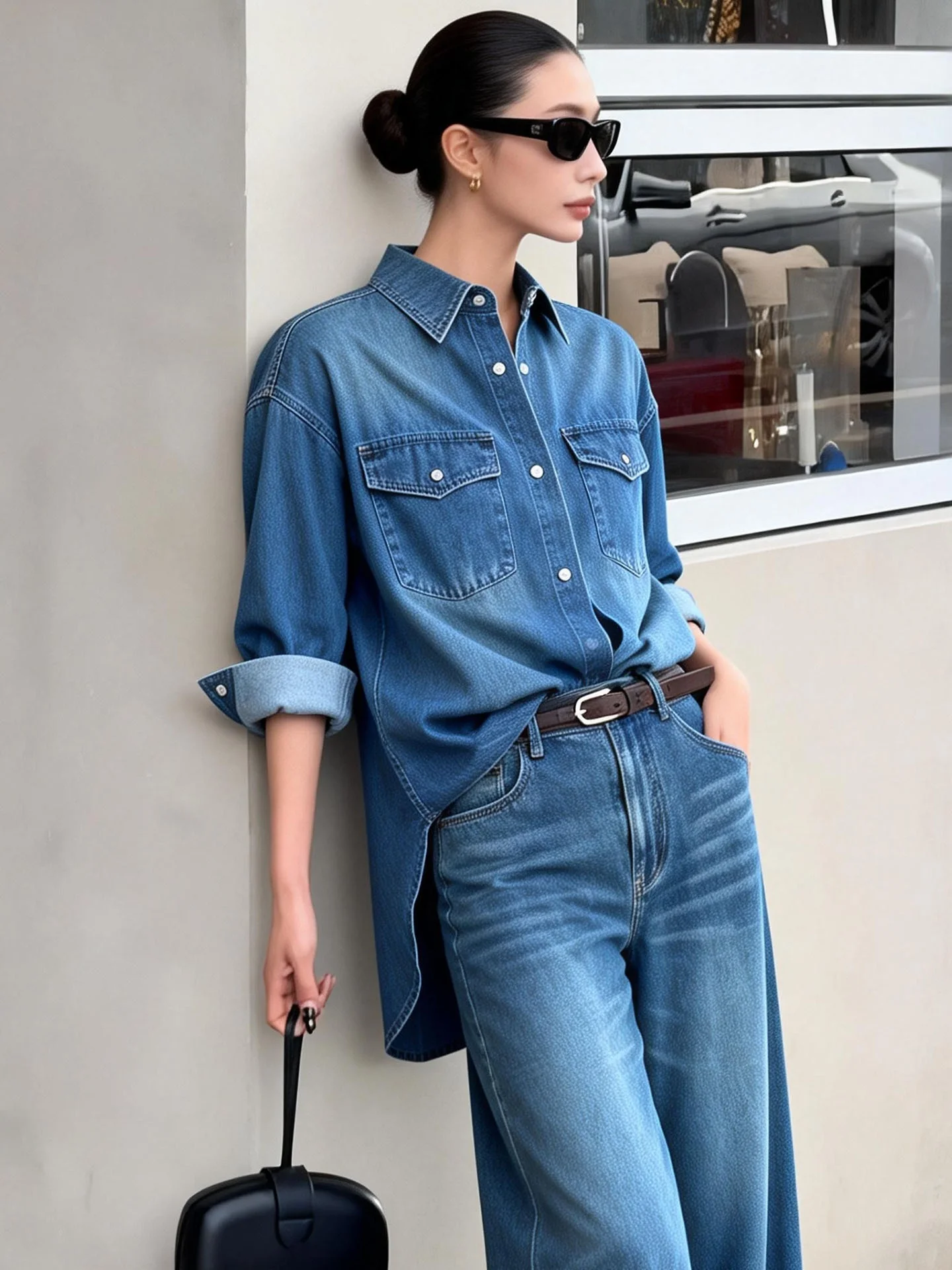 

Винтажный американский женский джинсовый комплект: топ и брюки с высокой талией, удлиненные, повседневные, весенняя коллекция