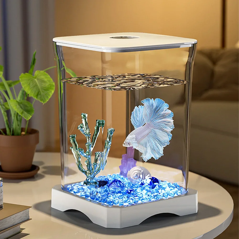 Mini Betta Fish Tank Starter Kit Aquarium Tank with Bottom Light Rectangular Mini Desktop Aquarium with Top Feeding Hole - Image 2