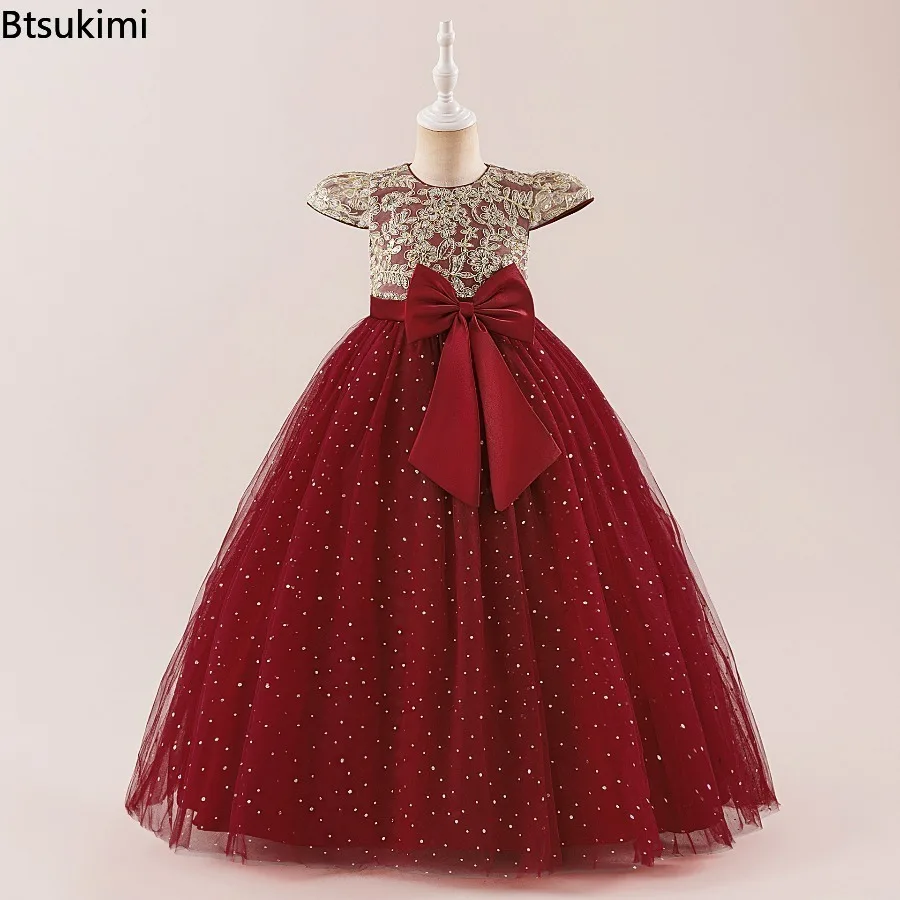 Elegant Bow Bridesmaid Party Girls Dress Sequin Flower Wedding Birthday Princess Dress Girl Tulle Prom Performance Gala Costumes