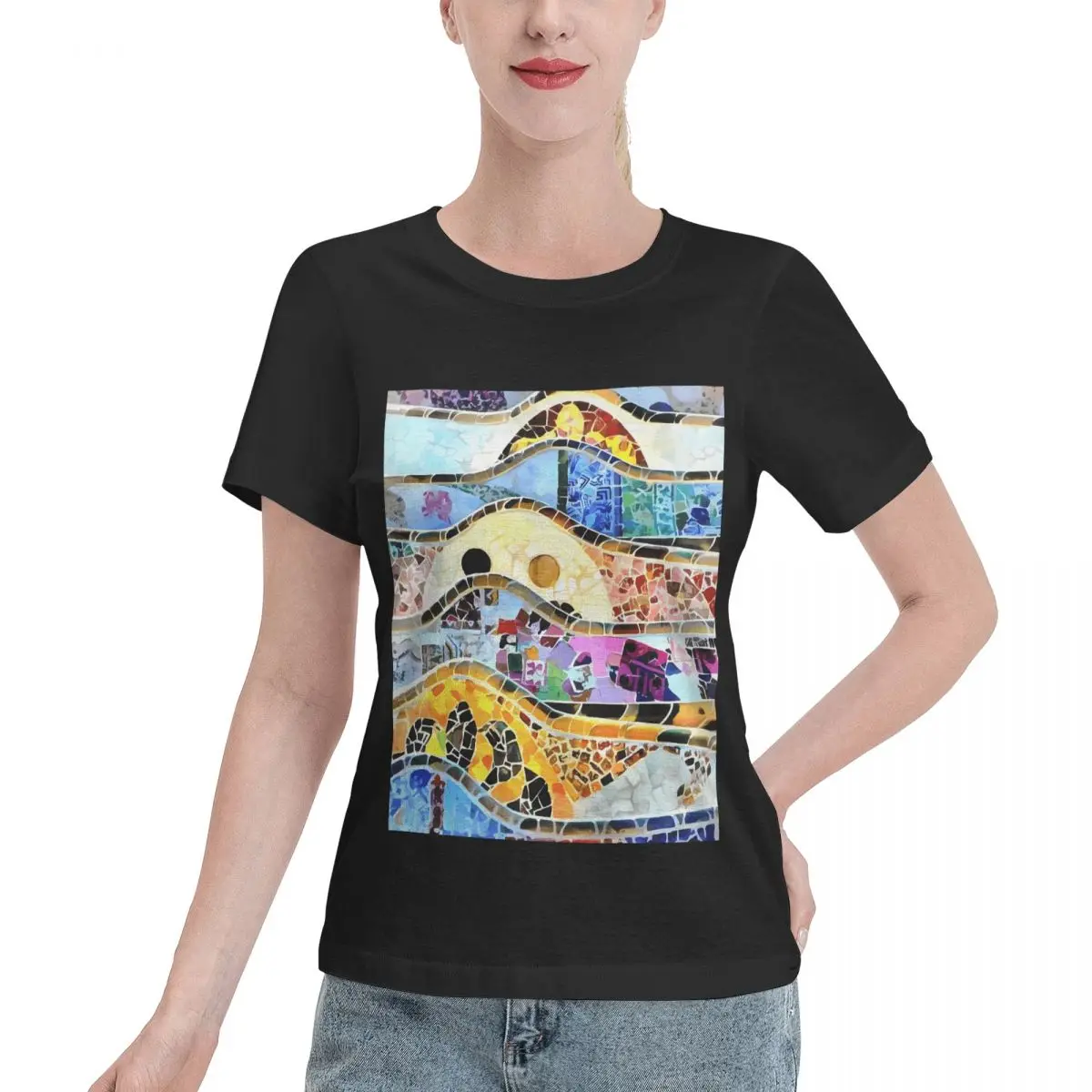 Camiseta en blanco para imprimir con mosaico Gaudi Barselona para mujer, camiseta para todas las estaciones