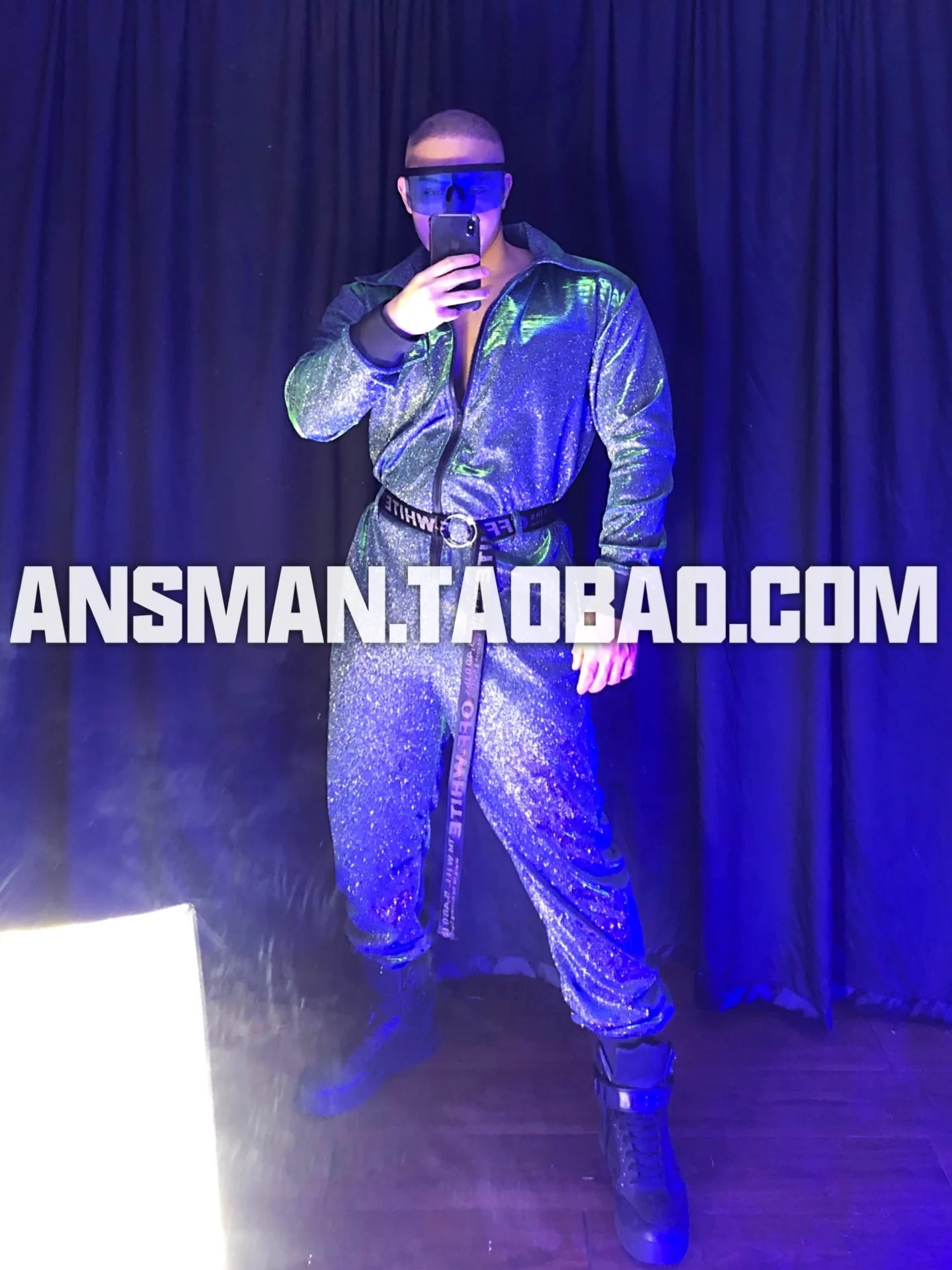 

Spring Autumn Lapel One-piece Costumes Nightclub Bar Male Singer Stage Gogo Brand Clothing Colorful Blue Green Jumpsuit