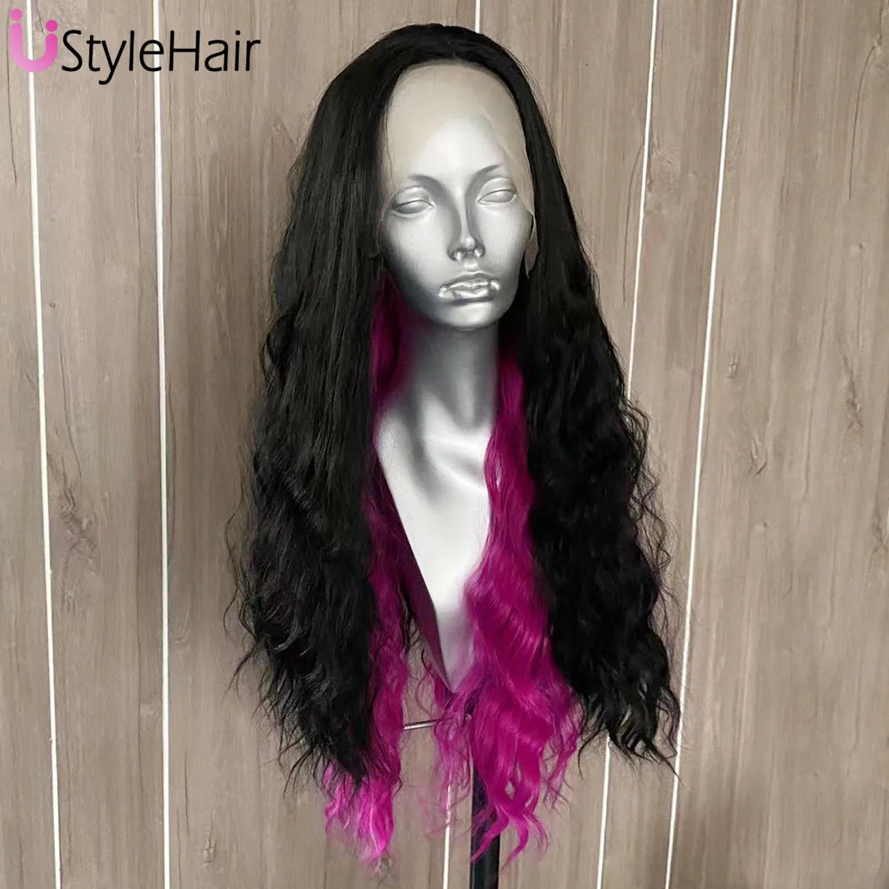 UStyleHair Black Loose Curly Wig with Rose Red Highlights Hot Pink Wig Lace Front Synthetic Hair Daily Used Cosplay Fashion Wig