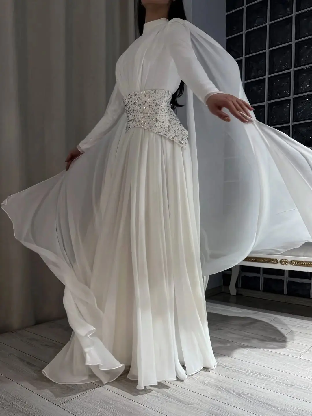 White Crystals Long Sleeves Evening Dress Elegant High Collar Prom Dresses Formal Wedding Party Dress For Women Customized image 2