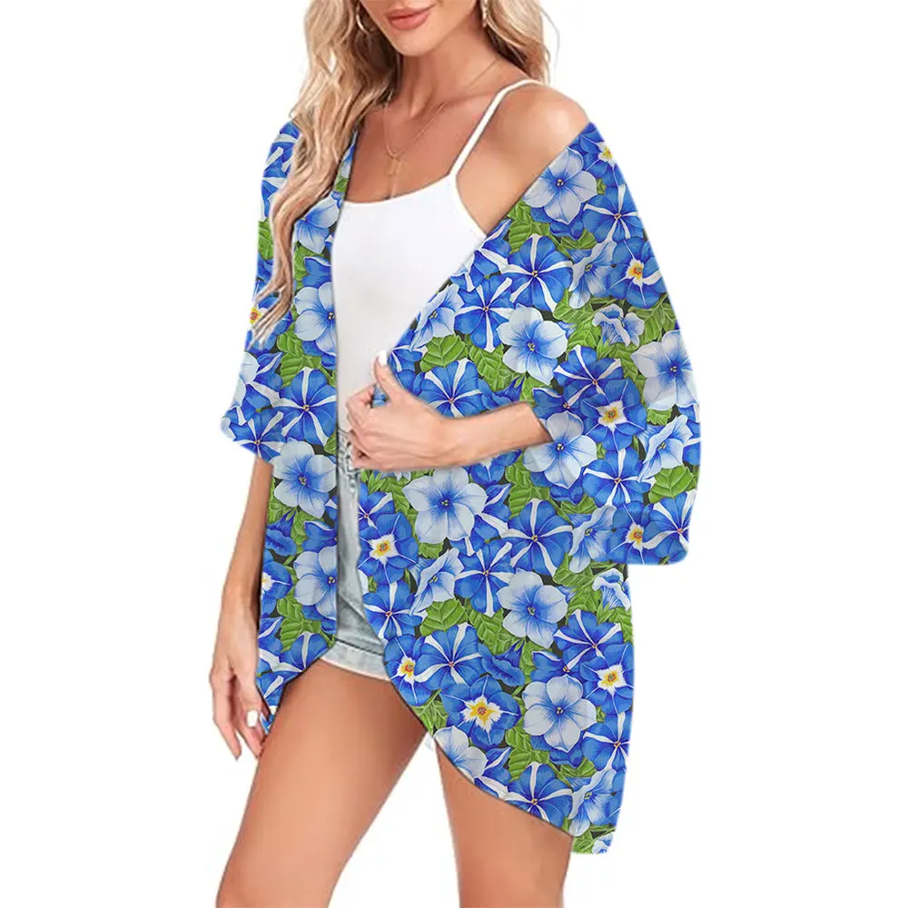 Elegancki szyfonowy strój kąpielowy peleryny kwiatowy Print Kimono Cover Up Cardigan Shirt Tops Fashion Casual Resort Wear strój kąpielowy bluzka