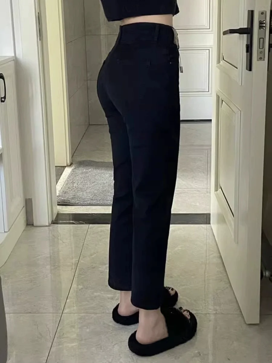 กางเกงยีนส์ทรงตรงผู้หญิง เอวสูง ทรงเข้ารูป ความยาวเก้าส่วน กางเกงเอวสูง สำหรับฤดูใบไม้ร่วงและฤดูหนาว รุ่นใหม่ ไซส์ใหญ่ สำหรับสาวอวบ