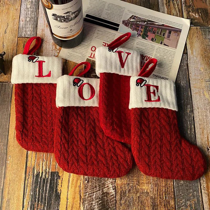 Christmas Stocking with Embroidered Letter Mini Cute Hanging Rope Knit Stocking  for Home Xmas Tree Party Decoration Supplies