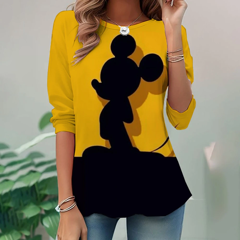 Oversized round neck loose casual pocket T-shirt for women, long sleeved Disney Mickey Mouse printed pullover for women, fashion