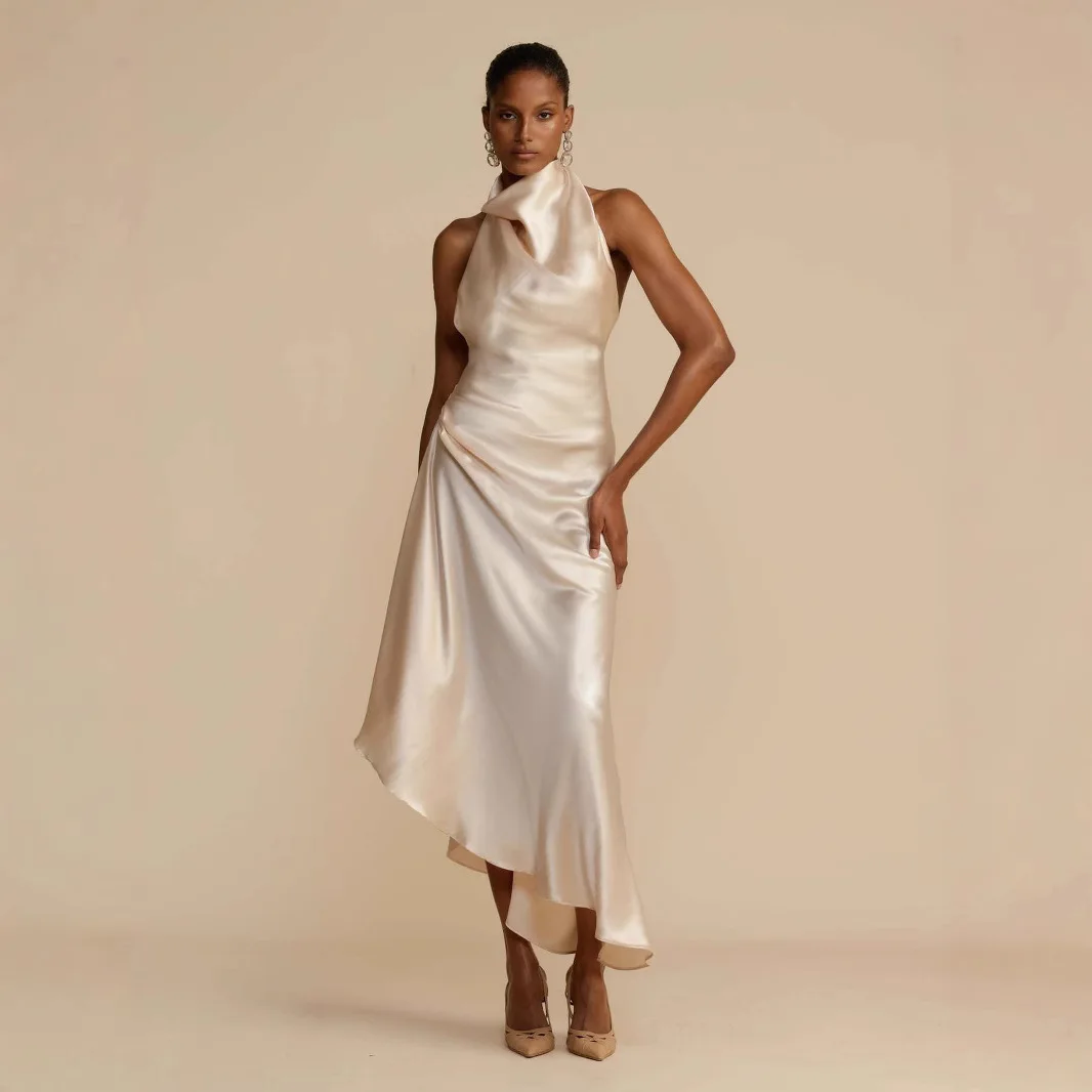 

2023 летнее новое женское высококачественное атласное платье с разрезом, сексуальное платье с открытой спиной, вечернее платье, модное летнее платье 2025 года, халат Vestido, женское вечернее платье