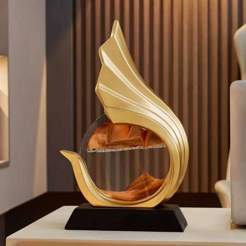 Abstract Golden Frame Sand Art Ornament Home Living Room Office Desktop Decorative Craft Transparent Circular Panel