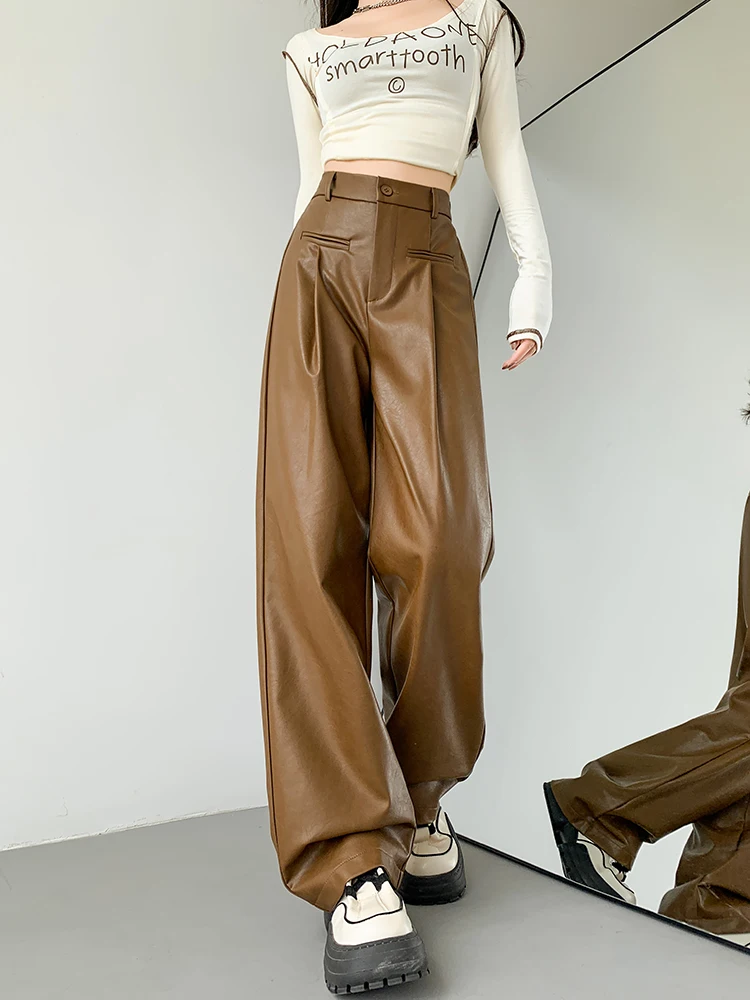 

High Waist PU Pants Women Elastic Waist Wide Leg Straight Faux Leather Long Pants Female 2024 New Autumn Winter Warm Pants S-XL