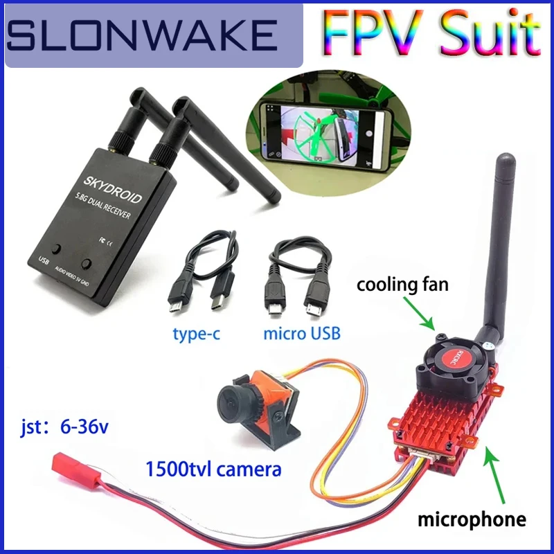 5.8G 2W Power Microphone Transmitter+Mini FPV Camera CMOS 1500TVL PAL/NTSC+Dual Antenna OTG Receiver Video Capture For RC Drone