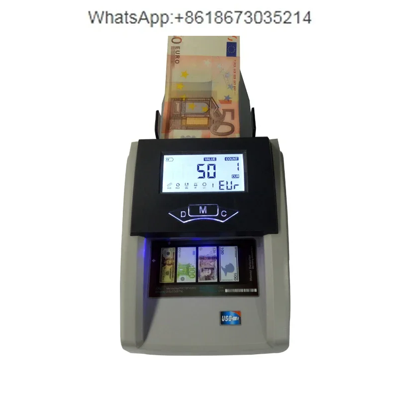 Small portable dollar banknote detector, identification for dollars, euros and pounds, total amount, with lithium battery