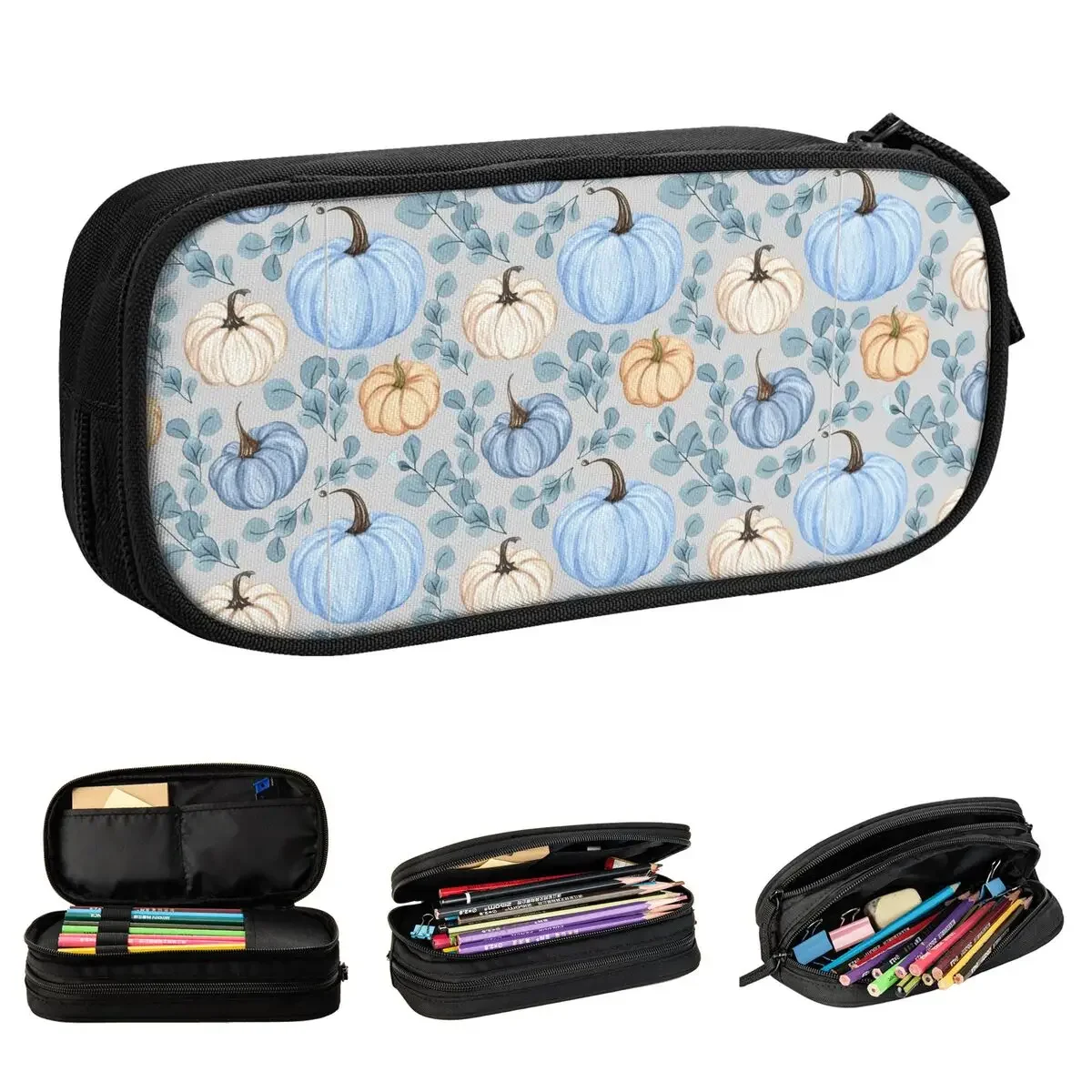 Blue And White Pumpkin Fall Pattern Pencil Cases Pen Box Bag for Student Big Capacity School Supplies Zipper Pencil Box