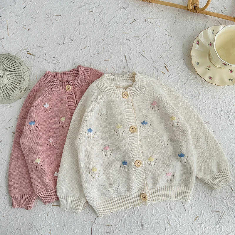 

2025 New Autumn Newborn Baby Girls Sweater Coat Long Sleeved Flower Embroidered Knitted Cardigan Toddler Baby Knitting Clothes