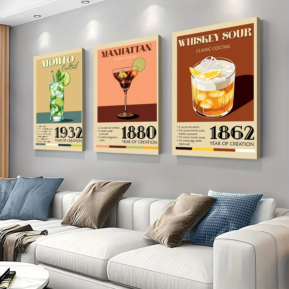3-piece set Vintage Mojito Cocktail Recipe Decorative Art 1932 Classic Drink Poster Frameless Canvas Painting Restaurant Bar Kit