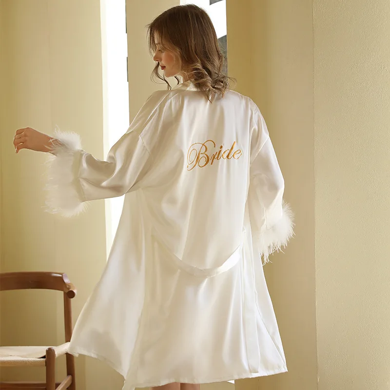 Kimono Bride Bridesmaid Robe Loungewear Wedding Bathrobe Gown Feather Women Embroidery Letter Sleepwear Short Satin Nightgown