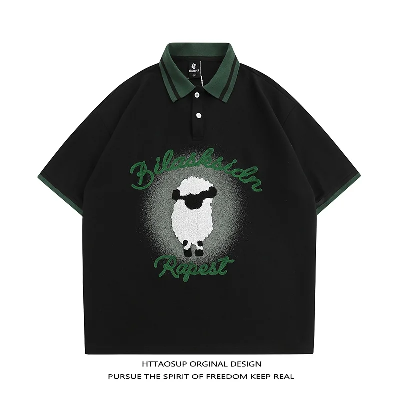 HTTAOSUP Japanese Style Retro Flocking Sheep  Shirt Short Sleeve Loose Unisex Lazy Style T-Shirt Cotton Wool Fabric Summe...