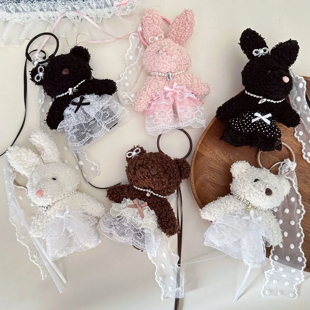 Car Key PP Cotton Lace Skirt Bear Keychain Bow Pearl Y2K Doll Bag Charm Silk Cross Dressing Animal Key Buckle Daily