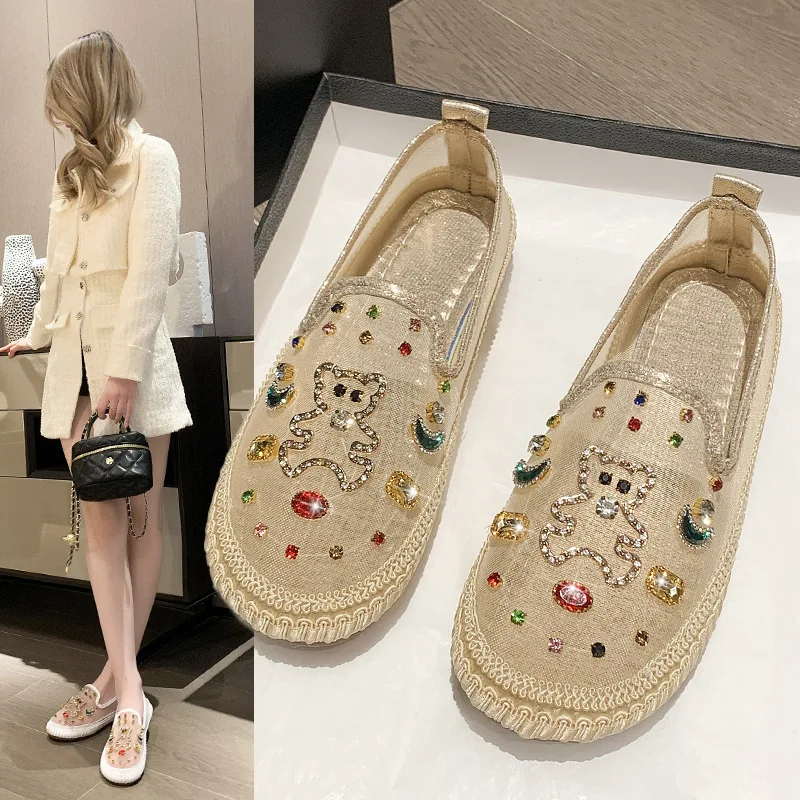 

Women Casual Shoes Flat Breathable Comfortable Walking Non-slip Round Toe Spring Summer New Mesh Hollow Rhinestone Soft Soled