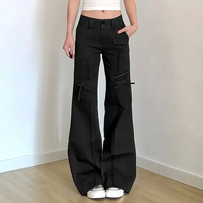 سراويل جينز نسائية سوداء قوطية غير رسمية من قماش الدنيم فضفاضة Y2K Harajuku High Street جمالية عتيقة بأرجل واسعة ملابس خروج