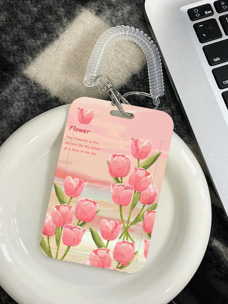 Perfume Flower Pattern Card Holder with Retractable Spring Cord Suitable for Bus Campus Lunch/Door Card Kpop Photocard Holder