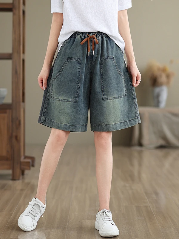 

Retro Style High Waist Wide Leg Jeans Shorts Women's Summer Thin New Korean Version Casual Vintage Blue Denim Shorts