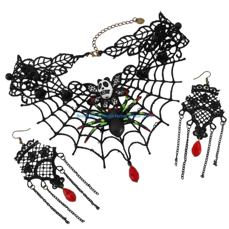 

E56A Lace Choker Necklace Rhinestones Earrings Set Halloween Costume Accessories