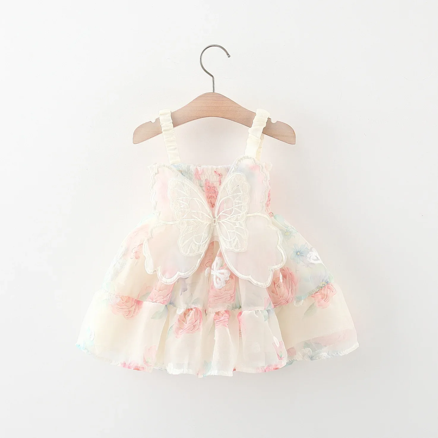 (0-3 Years Old Girls) Summer New Baby Girls Dress Back Butterfly Wings Cake Dress Hand-painted Wind Rose Pattern Suspenders