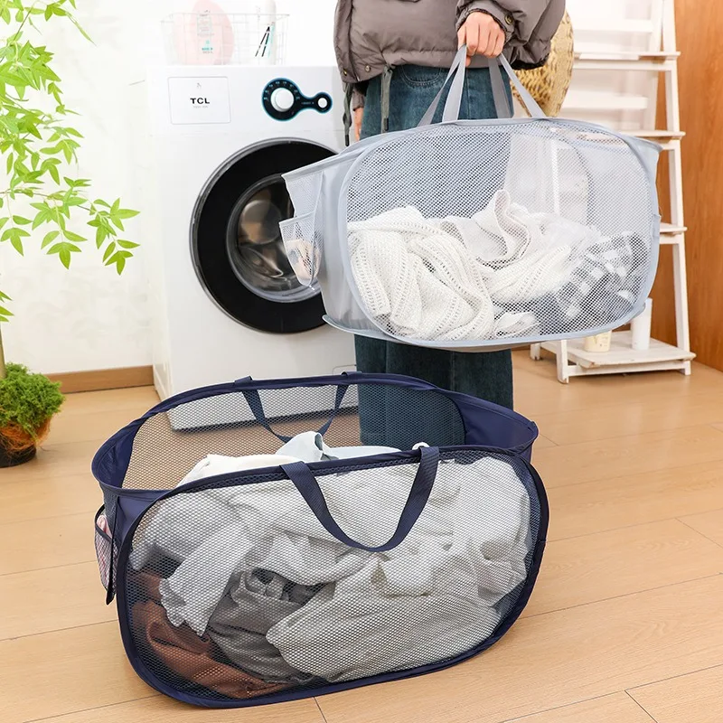 

Laundry Basket Foldable Nylon Mesh Laundry Hamper Storage Bucket Clothes Toy Organizer For Bathroom Bedroom Storage Basket Bags